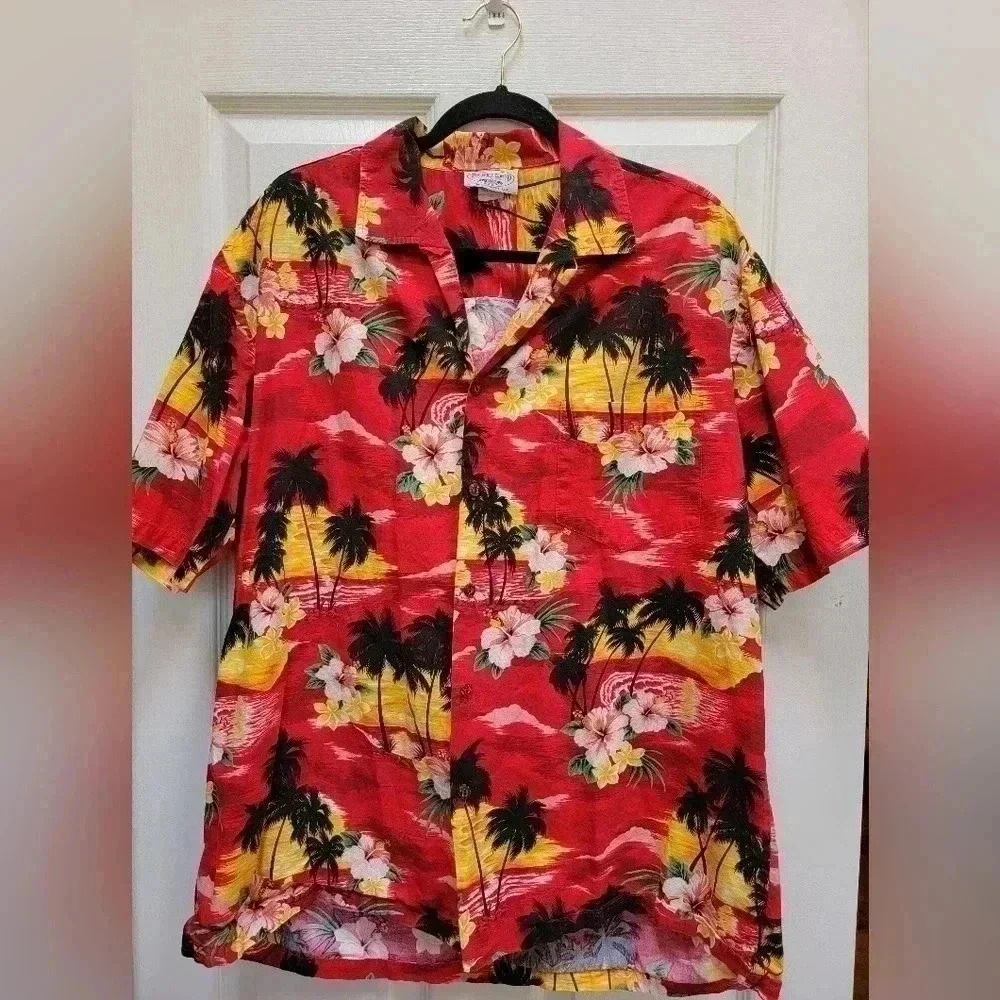 Pacific Legend Vintage Red Sunset Hawaiian Button Down Shirt Size XL